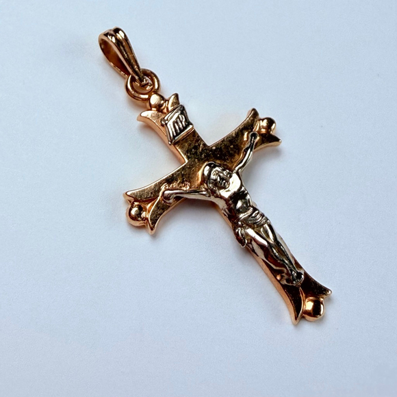 14K Solid 2 Tone Gold Crucifix Jesus Religious Cross ESEMCO VTG Pendant Necklace - Picture 3 of 6
